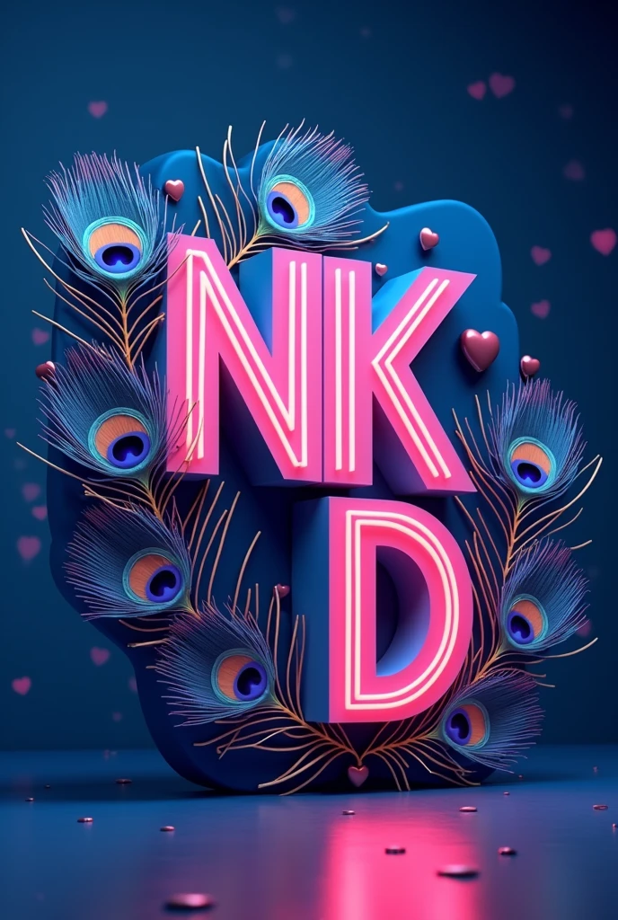 Create a realistic 3d image of "N K D" in style bold font,blue love background,neon capital letter, Peacock feathers on letters