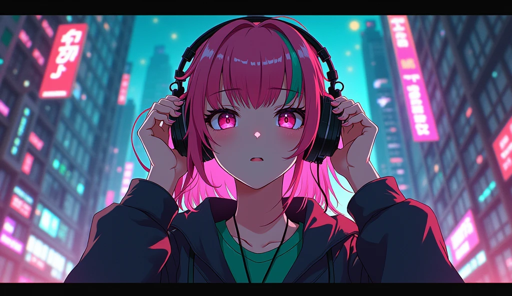 Cyberpunk ,dark neon,anime girl Put on headphones ,pink green hair