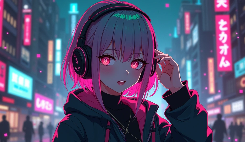 Cyberpunk ,dark neon,anime girl Put on headphones ,pink green hair