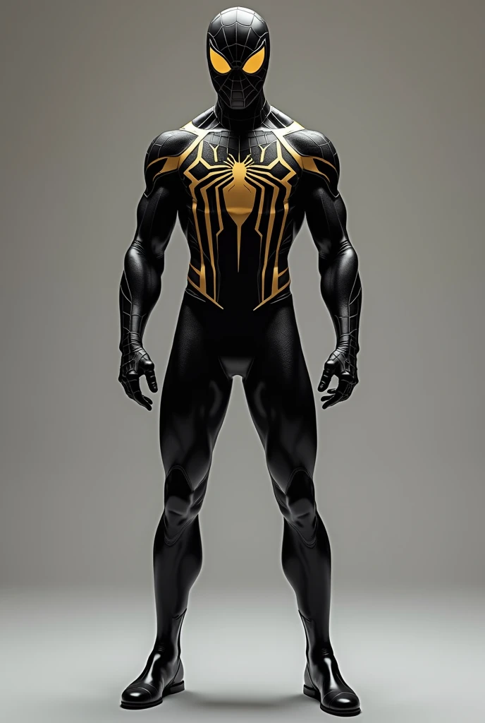Spiderman suit but with black colors (for most of the suit) and golden (for stripes)