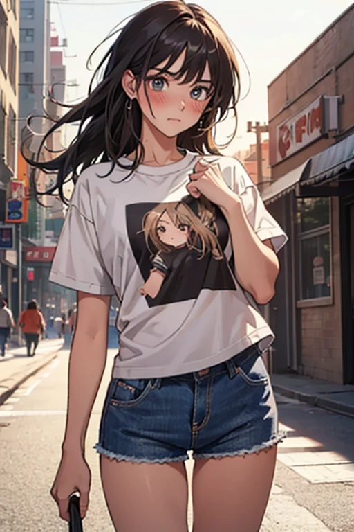 1girl, holding t shirts bottom, model pising, cowboy shot, looking at the viewer, short pants, blushing, pull on t-shirts