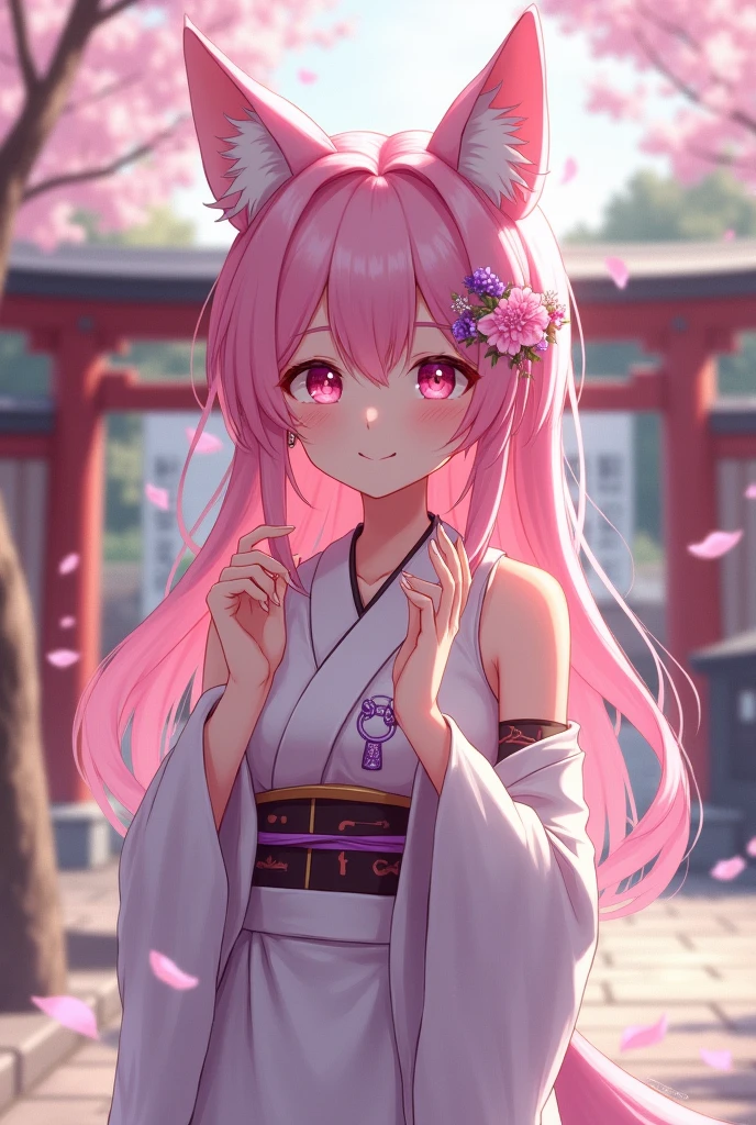 yae Shrine maiden, 1 Girl, \n/, Animal ears, Bare shoulders, blush, breast, 樱flower, Shut up, Separate sleeves, earrings, flower, Fox ears, gem, Hair between the eyes, Hair accessories, hands up, Japanese clothes, Jewelry, kimono, Long hair, Looking at the audience, medium breast, Shrine maiden, nontraditional Shrine maiden, Pink Eyes, pink flower, Pink Hair, purple gemstone, short kimono, Side lock, Smile, Solitary, Upper Body, white kimono, ((masterpiece))