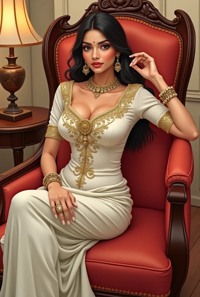 6 ft big breasted average beautiful sri lanakan wealthy age 25 girl in maharani dress. Wearing Academic regalia.well educated.sit in chair with big breasts, big butt,slim stomach.