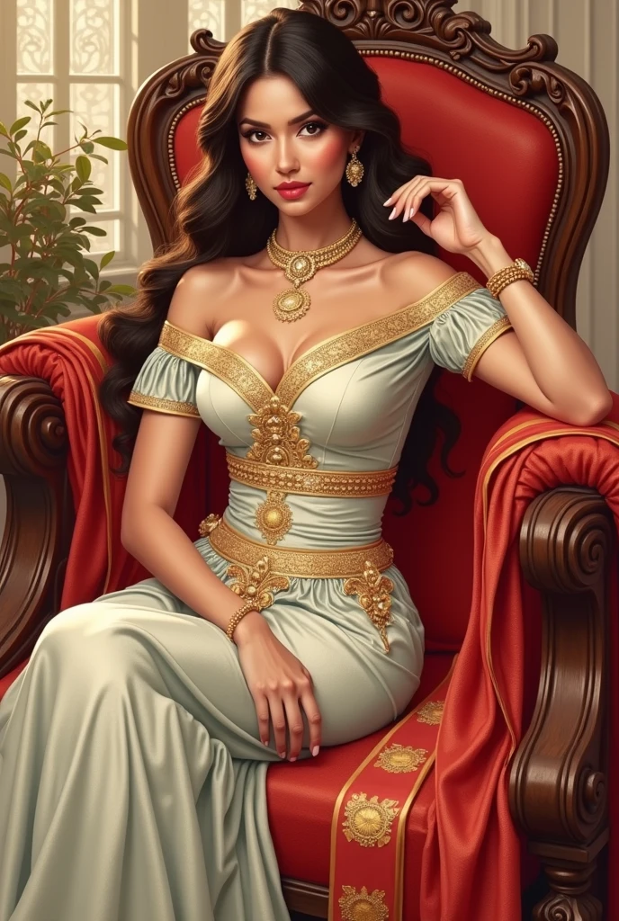 6 ft big breasted average beautiful sri lanakan wealthy age 25 girl in maharani dress. Wearing Academic regalia.well educated.sit in chair with big breasts, big butt,slim stomach.