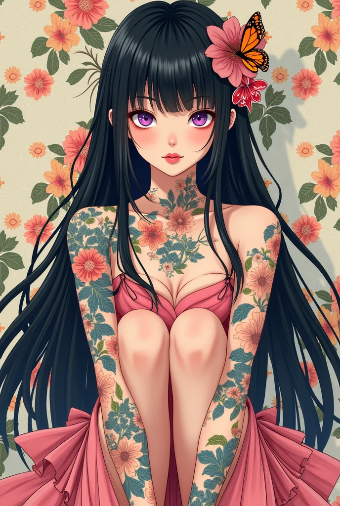 A mesmerizing surreal illustration of a young japanese woman resembling Shinobu Kouchou. She has black hair, purple eyes, a butterfly hair ornament, and wears a vibrant pastel colored outfit adorned with intricate floral patterns. She has a smooth, warm complexion, and bold, colorful tattoos cover her arms and legs. The tattoos feature traditional Japanese motifs like flowers and mythical creatures, rendered with meticulous detail in a pastel color palette. The background is a vintage floral-patterned wallpaper that complements the artwork's colors. The line work is precise, with delicate shading that gives the illustration a 3D quality. The artwork fuses modern illustration techniques with traditional Japanese aesthetics, resulting in a visually striking, portrait, Shinobu_Kocho, butterfly_hairpiece, multicolored_hair, purple_hair, black_hair, medium breasts, slender,