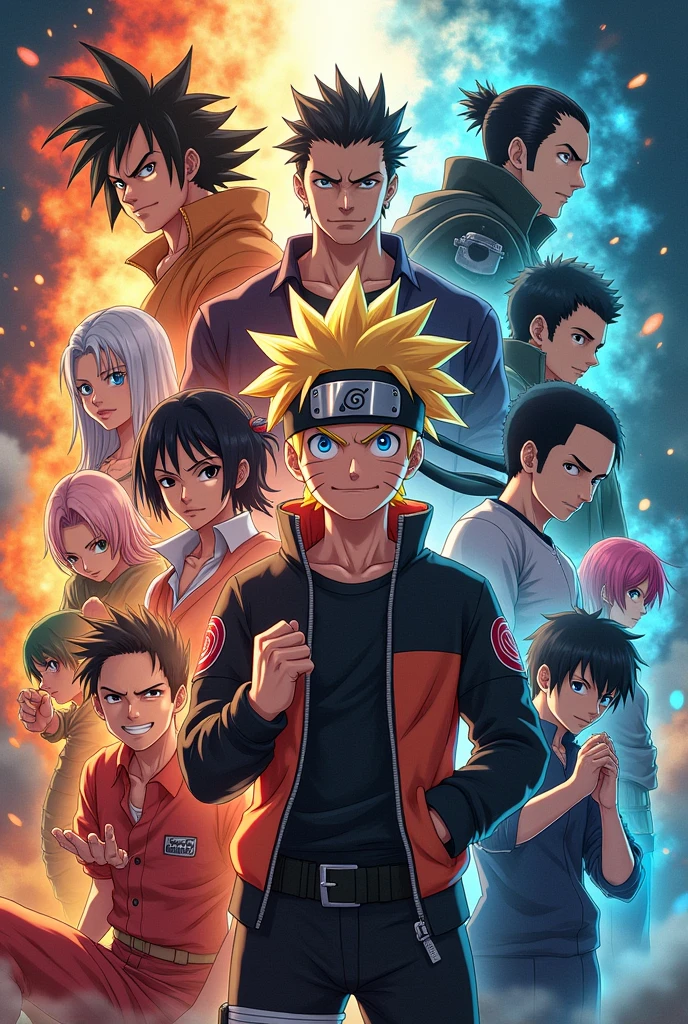Naruto, levi, luffy, zoro, Goku, gon freecss, guts, Kakashi, L, satoru gojo, light yagami, tanjiro, vegita, Saitama, Itachi uchiha, eren, Leon Fou Bartfort this all anime character in one picture for pc wallpapers size