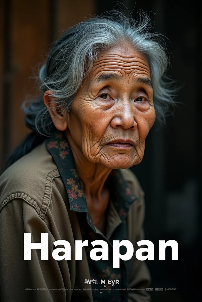 movie poster style, big text at below "HARAPAN", side view shot, closeup potrait of an old malay lady, wearing shabby cloths, facing camera, sadly, profesional photo, very realistic, very detailed, super ultra fidelity photo, studio wooden background