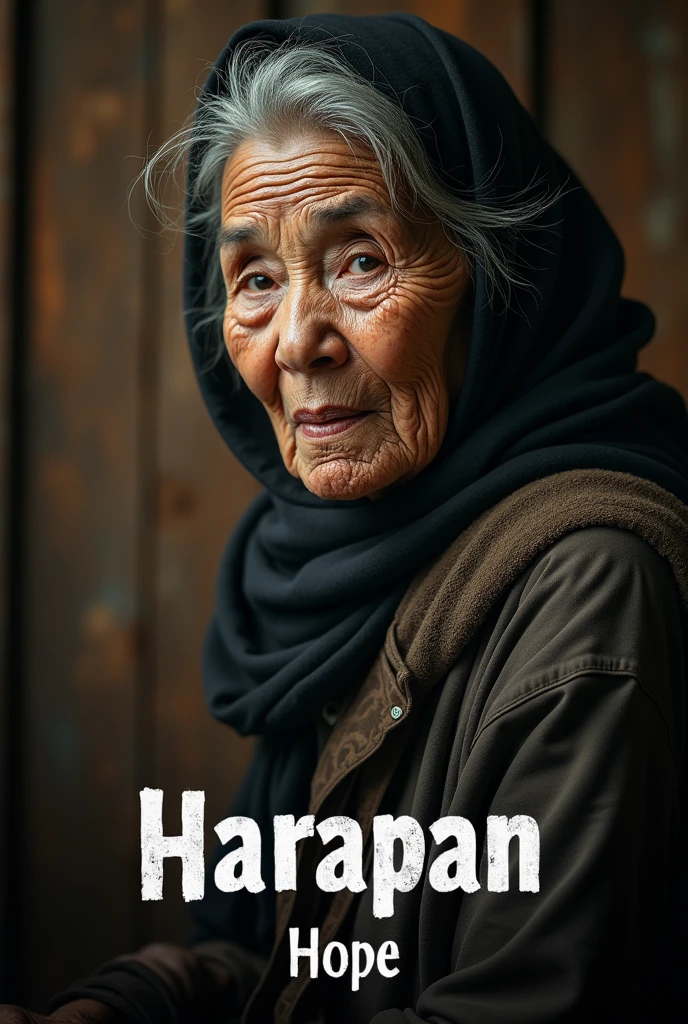 movie poster style, big text at below "HARAPAN", side view shot, closeup potrait of an old malay lady, wearing shabby cloths, facing camera, sadly, profesional photo, very realistic, very detailed, super ultra fidelity photo, studio wooden background