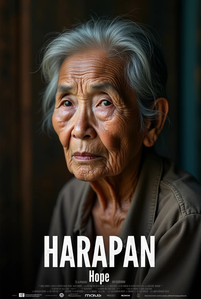 movie poster style, big text at below "HARAPAN", side view shot, closeup potrait of an old malay lady, wearing shabby cloths, facing camera, sadly, profesional photo, very realistic, very detailed, super ultra fidelity photo, studio wooden background
