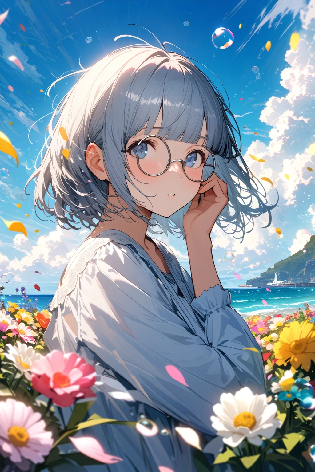(extremely detailed fine touch:1.3), girl, solo, alone, 2.5d, (((silver semi-rimless round eyewear:1.3))), short hair, smooth hair, blunt bangs, look up sun, hand on own face, flower garden, sea, cumulonimbus, flying fish, soap bubble, petals dance in the wind