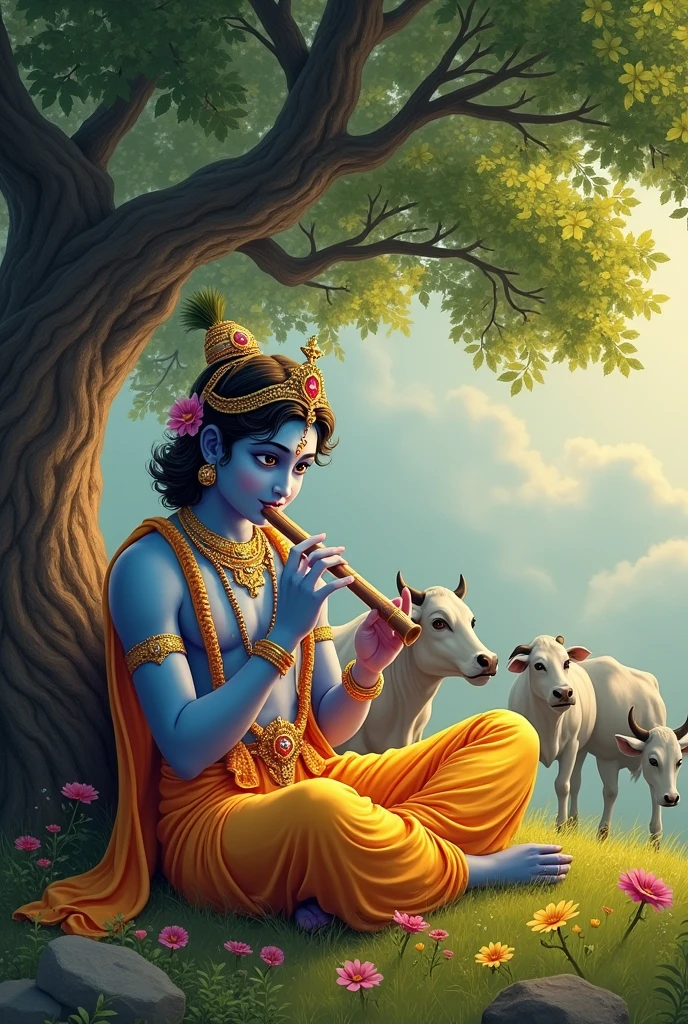 Krishna ji playing flute while sitting in the ground under the tree and 7 cows are grazing arround him.