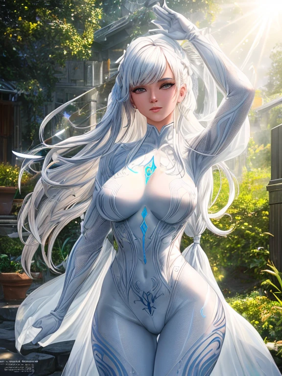 a woman in a white bodysuit posing for a picture outside a house with a sun shining on her, ultra detailed atmospheric details, beautiful glowing effects, sparkle effects, realistic body proportions, beautiful face proportions, complex masterpiece, wild hair style, creative glowing detailed tattoos, complex physics, enhanced colors, complimentary colors, ultra detailed raytracing reflections, Ultra detailed complex background, environment feels alive