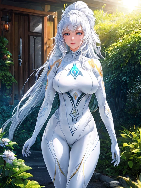 a woman in a white bodysuit posing for a picture outside a house with a sun shining on her, ultra detailed atmospheric details, beautiful glowing effects, sparkle effects, realistic body proportions, beautiful face proportions, complex masterpiece, wild hair style, creative glowing detailed tattoos, complex physics, enhanced colors, complimentary colors, ultra detailed raytracing reflections, Ultra detailed complex background, environment feels alive