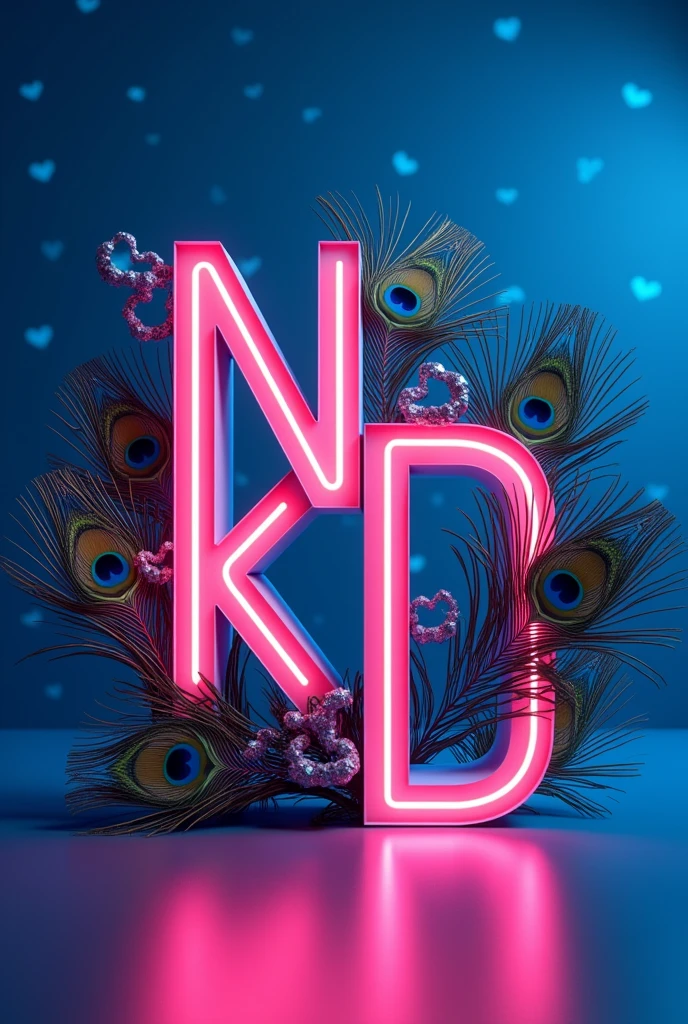 Create a realistic 3d image of "N K D" in style bold font,blue love background,neon capital letter, Peacock feathers on letters