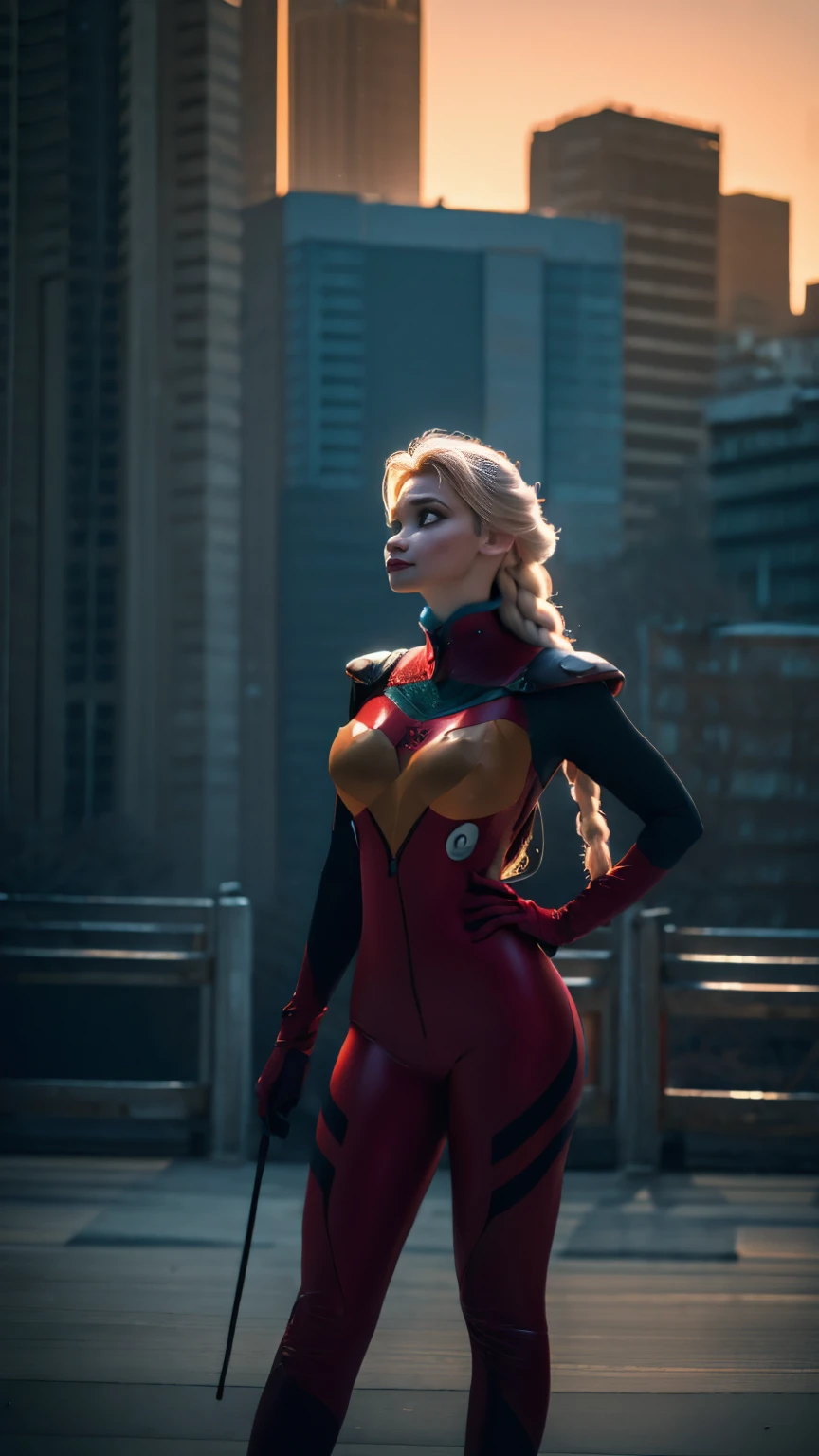 a beautiful woman, Elsa from "Frozen" in an evangelion plug suit, long platinum blonde hair, blue eyes, various spell casting poses, (wide angle shot:1.32), frozen over cityscape in the background, highly detailed, photorealistic, 8k, (best quality,4k,8k,highres,masterpiece:1.2),ultra-detailed,(realistic,photorealistic,photo-realistic:1.37),HDR,UHD,studio lighting,extremely detailed,vivid colors,dramatic colors, stark shadows, sysdeep_elsa, an14, no bra