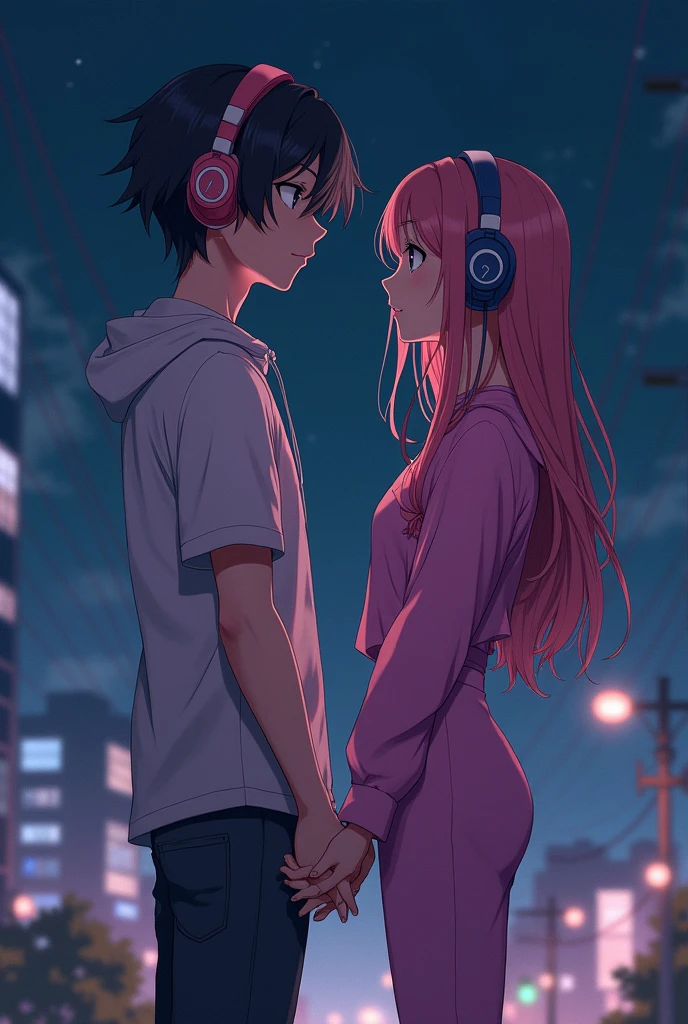 1 anime boy and girl couple with headphones holding hands against a night landscape background with a little pink Street style outfit and serious looks