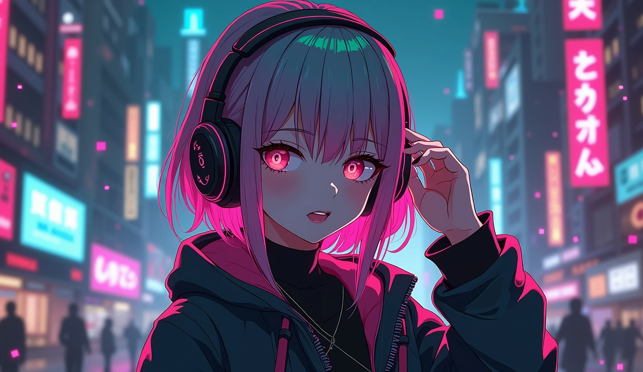 Cyberpunk ,dark neon,anime girl Put on headphones ,pink green hair