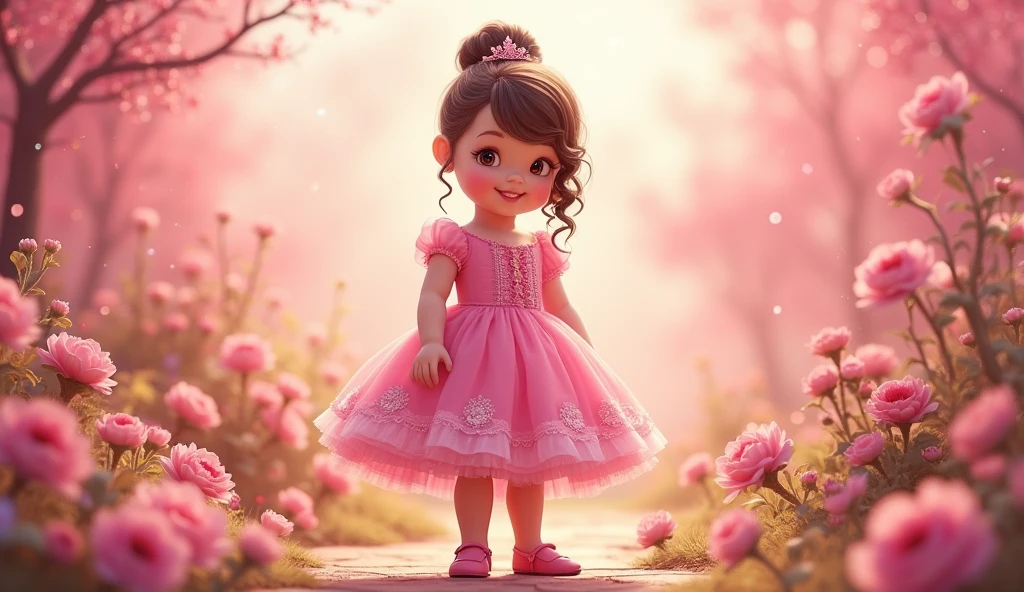Western child with half ponytail, wearing a pink princess dress with shoes, standing in pink with flowers, pink princess background with flowers