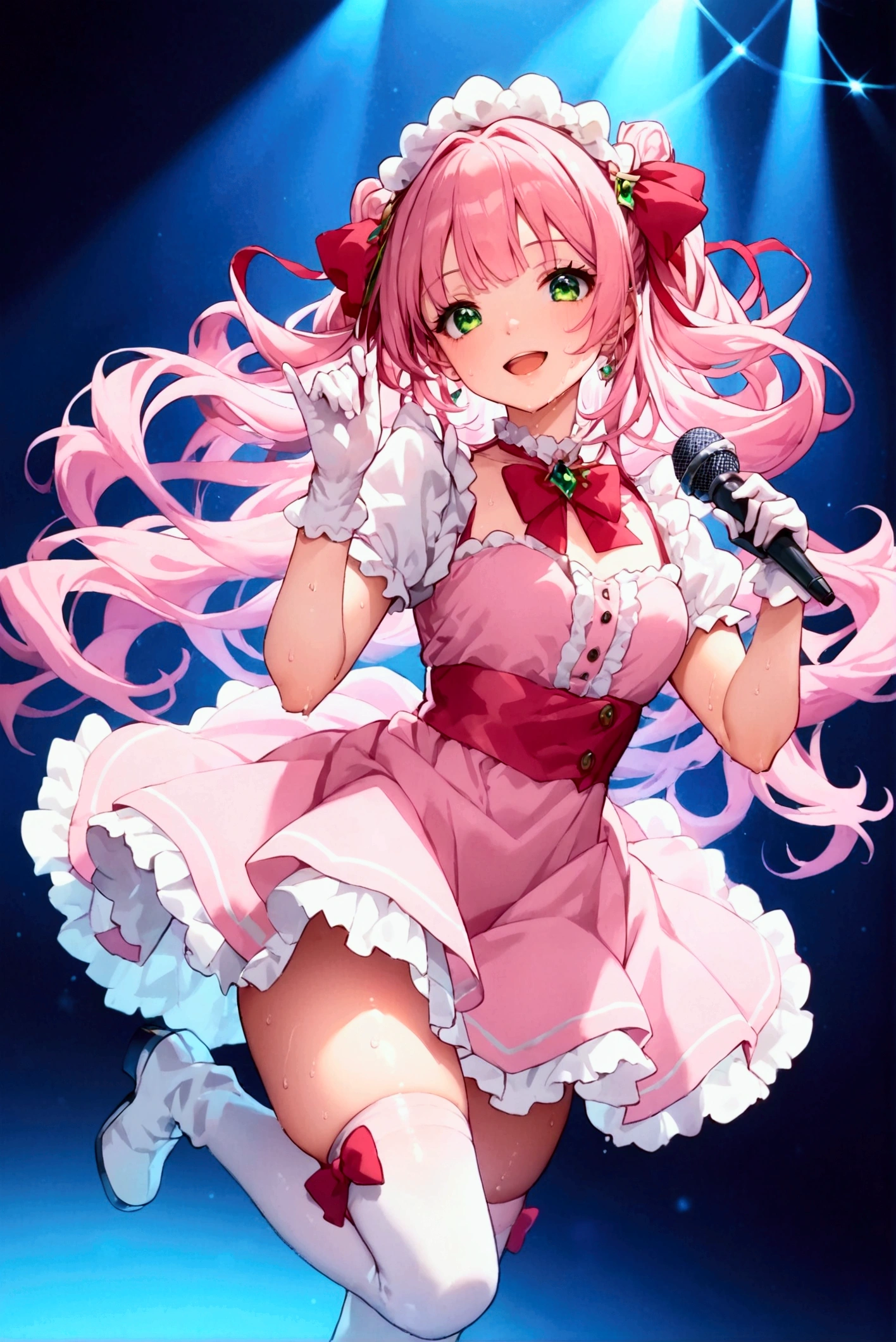 score_9, score_8_up, score_7_up, rating_safe, masterpiece, best quality, very aesthetic, absurdres, 1girl, solo, pink hair, long hair, hair ribbon, ribbon, bangs, green eyes, smile, open mouth, faint lips, idol, idol clothes, red bow, pink dress, frilled dress, frills, gloves, white gloves, thighs, skindentation, pink thighhighs, white boots, sweat, hands up, spotlight, microphone, holding, holding microphone, faint light