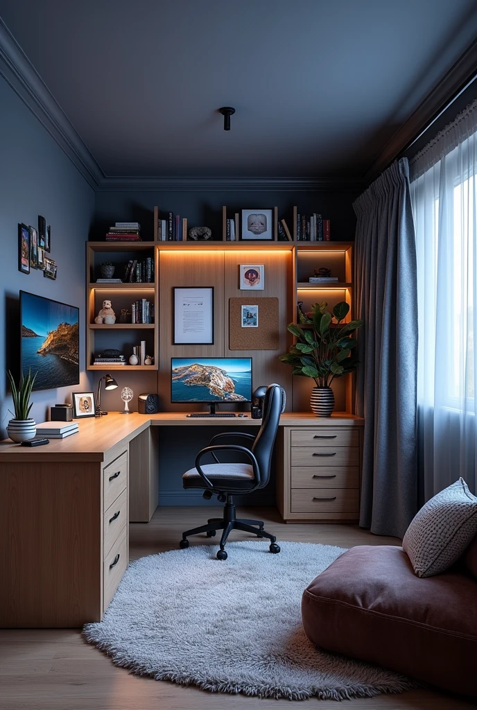 I imagine a room with dark blue or gray walls, illuminated by LED lights that change color according to my mood, the bed would be large, with a headboard upholstered in dark gray or deep blue velvet and a solid wood frame like oak, With storage drawers underneath, you would have a spacious desk made of light wood, such as maple, with a smooth surface and an adjustable lamp in matte black metal, ideal for studying or drawing
The setup would include a desk with space for a computer or console, a large wall-mounted monitor and an ergonomic chair made of black leather or breathable fabric. A wall-mounted television would also be essential for watching movies or series, in the chill corner. , I imagine memory foam beanbags covered in microfiber or a distressed brown leather armchair, all on a soft, thick rug, the light wood shelves filled with books, video games and souvenirs, decorated with posters and a few potted plants. ceramics, a cork board for photos and notes would be a perfect detail
It would be a functional and stylized space, perfect for studying, playing and relaxing, where each element reflects a little of my personality.
