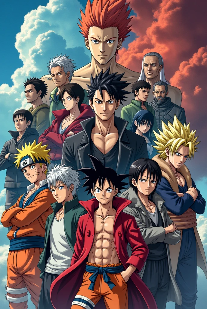 Naruto, levi, luffy, zoro, Goku, gon freecss, guts, Kakashi, L, satoru gojo, light yagami, tanjiro, vegita, Saitama, Itachi uchiha, eren, Leon Fou Bartfort this all anime character in one picture for pc wallpapers size