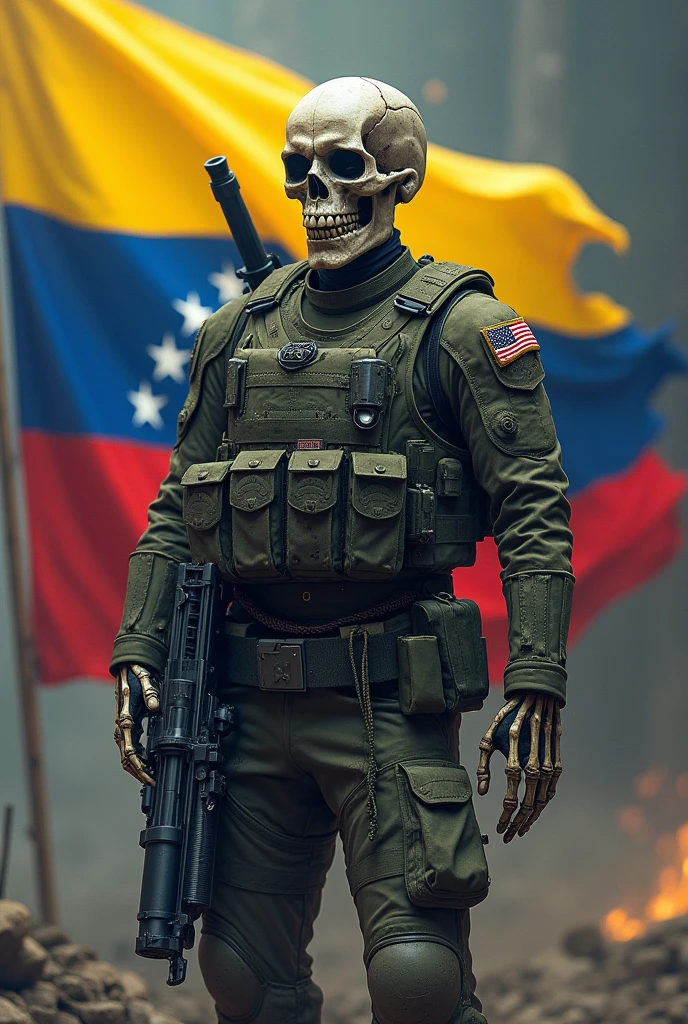 Strong military soldier skeleton with Venezuela flag