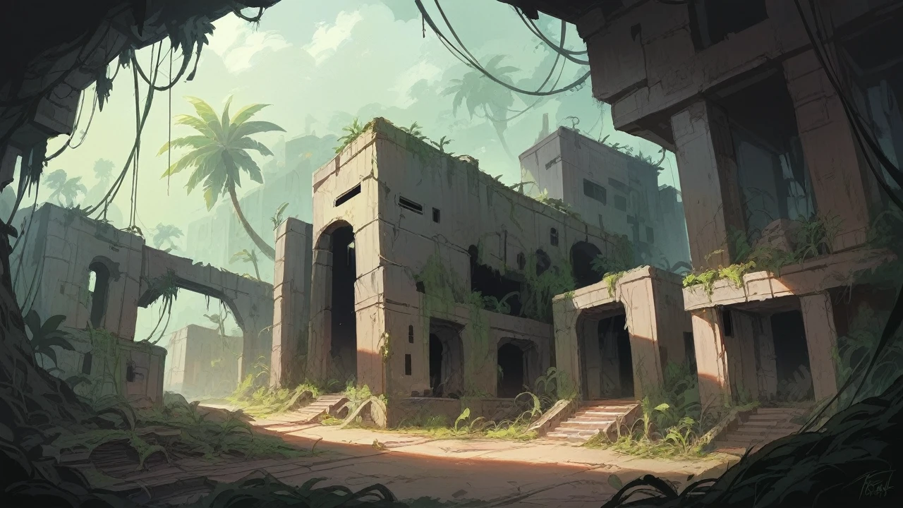 aerial view, ruins of a modern city from a great height, heavily destroyed buildings, collapsed skyscrapers, overgrown with dense vegetation, vines and moss covering the ruins, abandoned streets, nature reclaiming urban environment, surrounded by thick tropical jungle, trees growing through broken windows, very far distance, realistic shadows, ultra high quality, dramatic lighting