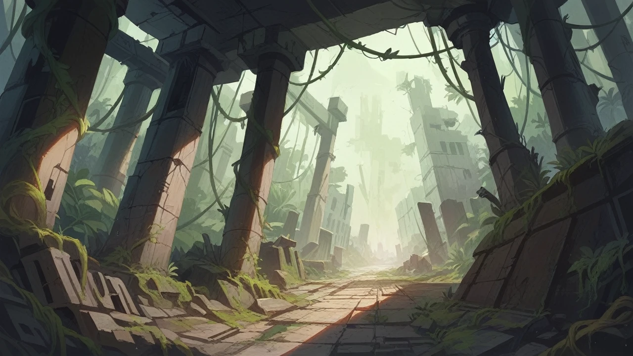 aerial view, ruins of a modern city from a great height, heavily destroyed buildings, collapsed skyscrapers, overgrown with dense vegetation, vines and moss covering the ruins, abandoned streets, nature reclaiming urban environment, surrounded by thick tropical jungle, trees growing through broken windows, very far distance, realistic shadows, ultra high quality, dramatic lighting