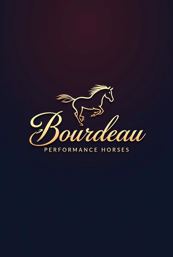 {
  "size": "1024x1024",
  "prompt": "A logo design for 'Bourdeau Performance Horses,' featuring a stylish, dynamic script or calligraphy-style font for the text. The horse imagery should be a sleek, flowing silhouette that integrates with the text, symbolizing elegance, strength, and motion. The color scheme should include deep burgundy or royal blue with gold or silver accents, creating a luxurious and striking appearance. The overall design should be modern and artistic, suitable for a high-end horse training business."
}