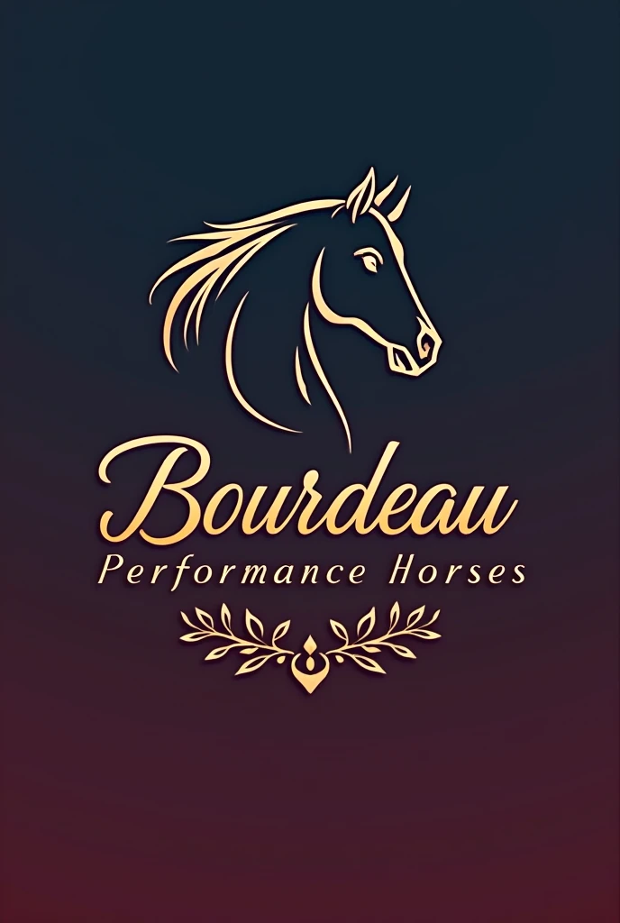 {
  "size": "1024x1024",
  "prompt": "A logo design for 'Bourdeau Performance Horses,' featuring a stylish, dynamic script or calligraphy-style font for the text. The horse imagery should be a sleek, flowing silhouette that integrates with the text, symbolizing elegance, strength, and motion. The color scheme should include deep burgundy or royal blue with gold or silver accents, creating a luxurious and striking appearance. The overall design should be modern and artistic, suitable for a high-end horse training business."
}