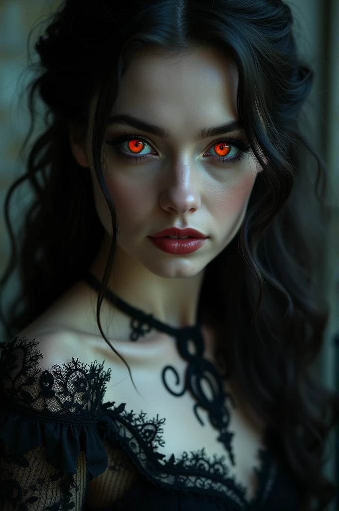Woman turns into a vampire and her eyes turn a reddish orange color  , beautiful face , with a very pretty gothic dress 