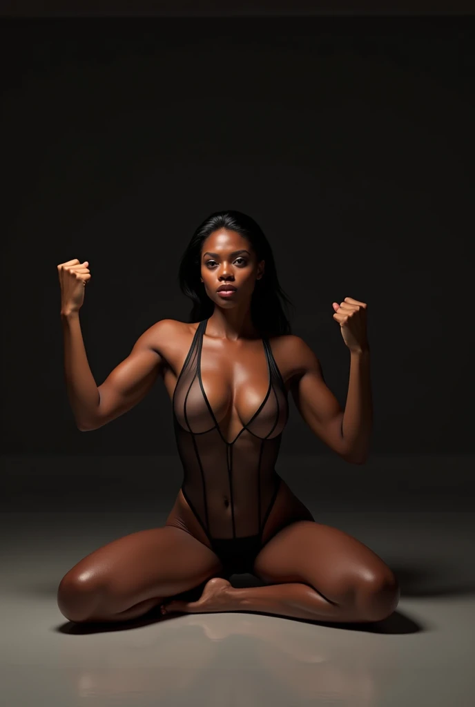 Dark-skinned woman in transparent swimsuit posing with open legs sitting on the floor