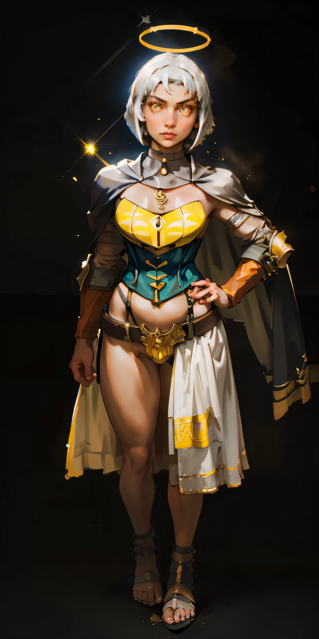 (black background) paladin lady in ornate golden armor, pauldrons, breastplate, corset, glowing halo, short hair, bob hair style, white silver hair, yellow glowing eyes, bright pupils, eye focus, red cape, particles, light beam, chromatic aberration, full body, whole body 1solo (girl) loincloth standing, hands on hips, metal sandals, leather black choker, big belt, view from below, feet together, bracers, tiara