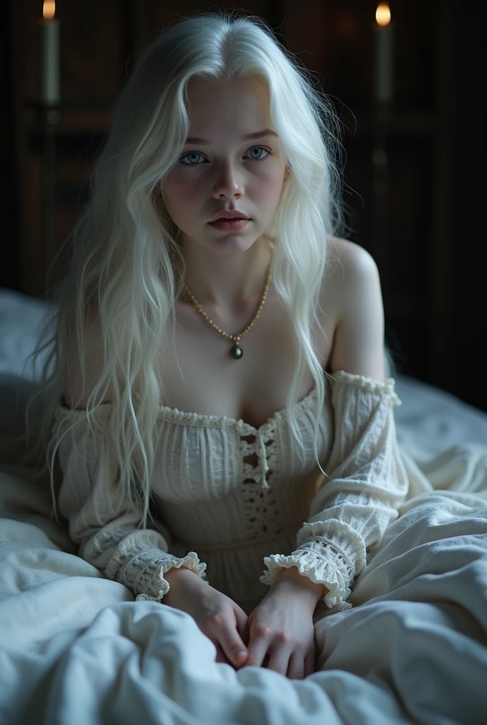 Make a young girl with long white hair, pale white skin, purple eyes, the curvature of your body is very attractive
Next to her is a man with the same characteristics, but he is taller and stronger.
She is naked, in a medieval room and the room is dark, she is in bed, Show all private parts