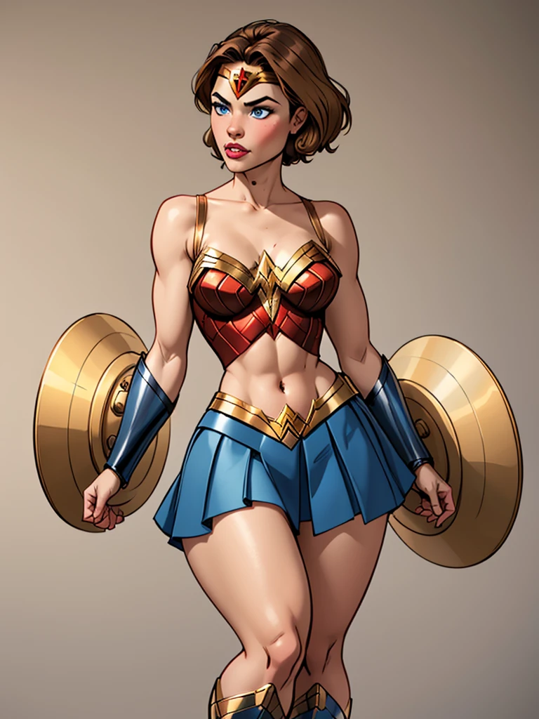 Blonde girl with short hair, blue eyes, wearing A piece of armor without a worker, armor like Wonder Woman's in blue, wearing a strappy skirt brown, wearing a tiara on her forehead, thick thighs