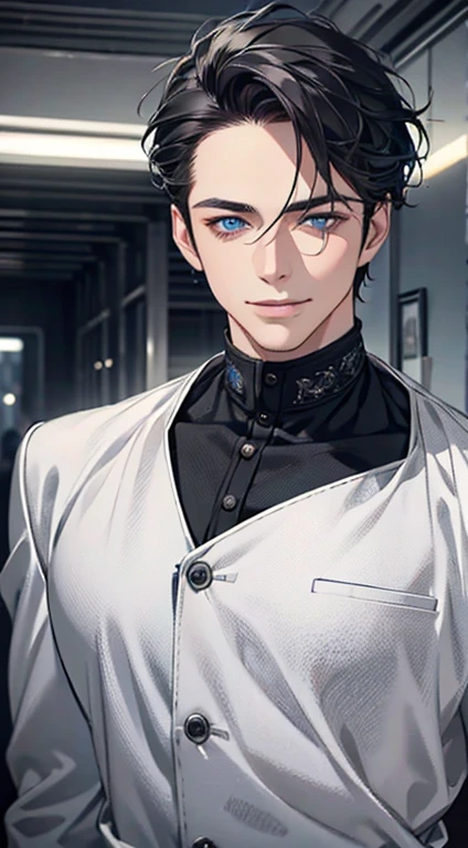 a mature man with short grey Black hair, blue eyes, 31 years, and a perfect face, smiling in love, CEO, cinematic lighting, 1:4 HDR image, top view, ultra detailed, best quality, masterpiece, 8K, photorealistic, beautiful image