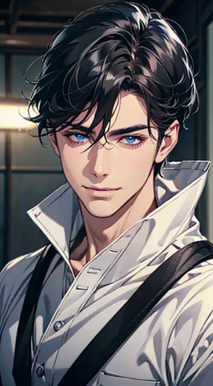 a mature man with short grey Black hair, blue eyes, 31 years, and a perfect face, smiling in love, CEO, cinematic lighting, 1:4 HDR image, top view, ultra detailed, best quality, masterpiece, 8K, photorealistic, beautiful image