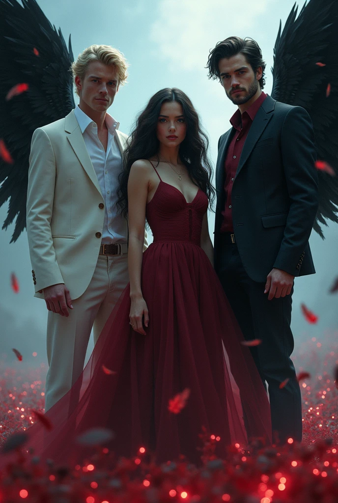 the protagonist , a young girl with wavy black hair, with a fine face, features like Megan Fox, with a dress, To his right is Lucifer, a handsome black-haired man with a wine-colored shirt and suit pants and his black wings barely noticeable similar to the actor Tom Ellis and to his left a blond man in a white suit , and barely perceptible white wings, similar al actor Jeremy Irvine. The three characters in the American shot , the protagonist in the middle . Background between light blue ,red and black, with feathers as decoration.