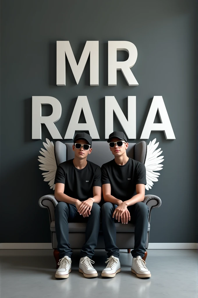 " Create a 3D illusion for a profile picture where a 2 cute boy in a black shirt Sitting casually on a Wingback chair. Wearing sneakers, a black cricket cap, and sunglasses, he looks ahead. ahead. The background features "MR RANA" in big and capital white fonts on the dark grey wall. There should not be his shadow, and there are wings to make it appear as if he is an angel. "