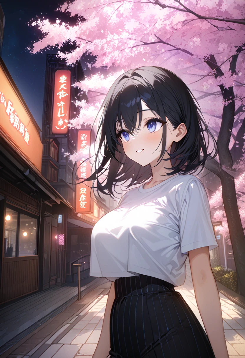 masterpiece, high quality, 16k resolution, detailed, beautiful anime girl, large breasts, slender waist, pale skin, black hair, fine hair, simple clothing, white T-shirt, no accessories, (looking away:1.4), (walking in neon-lit night city), spring season, comfortable weather, discovering beautiful night cherry blossoms, neon lights, joyful expression, looking up at cherry tree, stunning smile, beautiful eyes, delicate face, artistic, emotional depth, serene atmosphere, detailed background, breathtaking beauty, (MrKb), full body shot