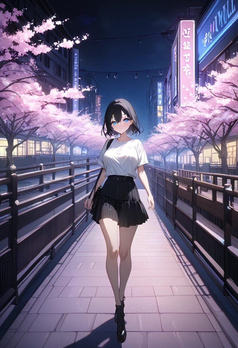 masterpiece, high quality, 16k resolution, detailed, beautiful anime girl, large breasts, slender waist, pale skin, black hair, fine hair, simple clothing, white T-shirt, no accessories, (looking away:1.4), (walking in neon-lit night city), spring season, comfortable weather, discovering beautiful night cherry blossoms, neon lights, joyful expression, looking up at cherry tree, stunning smile, beautiful eyes, delicate face, artistic, emotional depth, serene atmosphere, detailed background, breathtaking beauty, (MrKb), full body shot