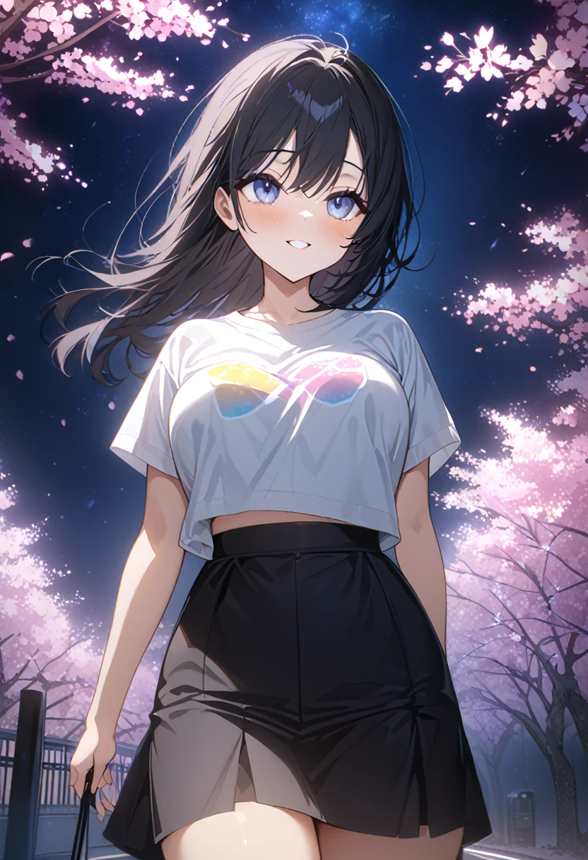 masterpiece, high quality, 16k resolution, detailed, beautiful anime girl, large breasts, slender waist, pale skin, black hair, fine hair, simple clothing, white T-shirt, no accessories, (looking away:1.4), (walking in neon-lit night city), spring season, comfortable weather, discovering beautiful night cherry blossoms, neon lights, joyful expression, looking up at cherry tree, stunning smile, beautiful eyes, delicate face, artistic, emotional depth, serene atmosphere, detailed background, breathtaking beauty, (MrKb), full body shot