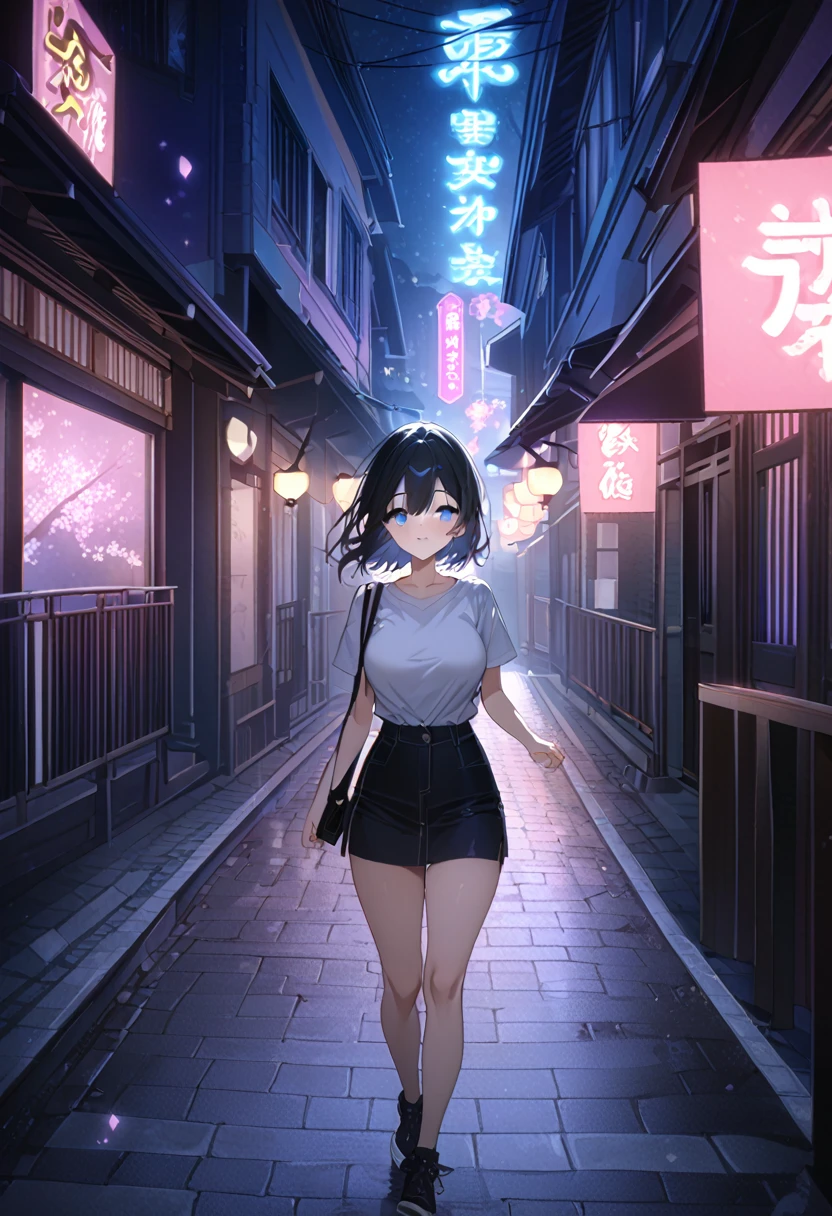 masterpiece, high quality, 16k resolution, detailed, beautiful anime girl, large breasts, slender waist, pale skin, black hair, fine hair, simple clothing, white T-shirt, no accessories, (looking away:1.4), (walking in neon-lit night city), spring season, comfortable weather, discovering beautiful night cherry blossoms, neon lights, joyful expression, looking up at cherry tree, stunning smile, beautiful eyes, delicate face, artistic, emotional depth, serene atmosphere, detailed background, breathtaking beauty, (MrKb), full body shot