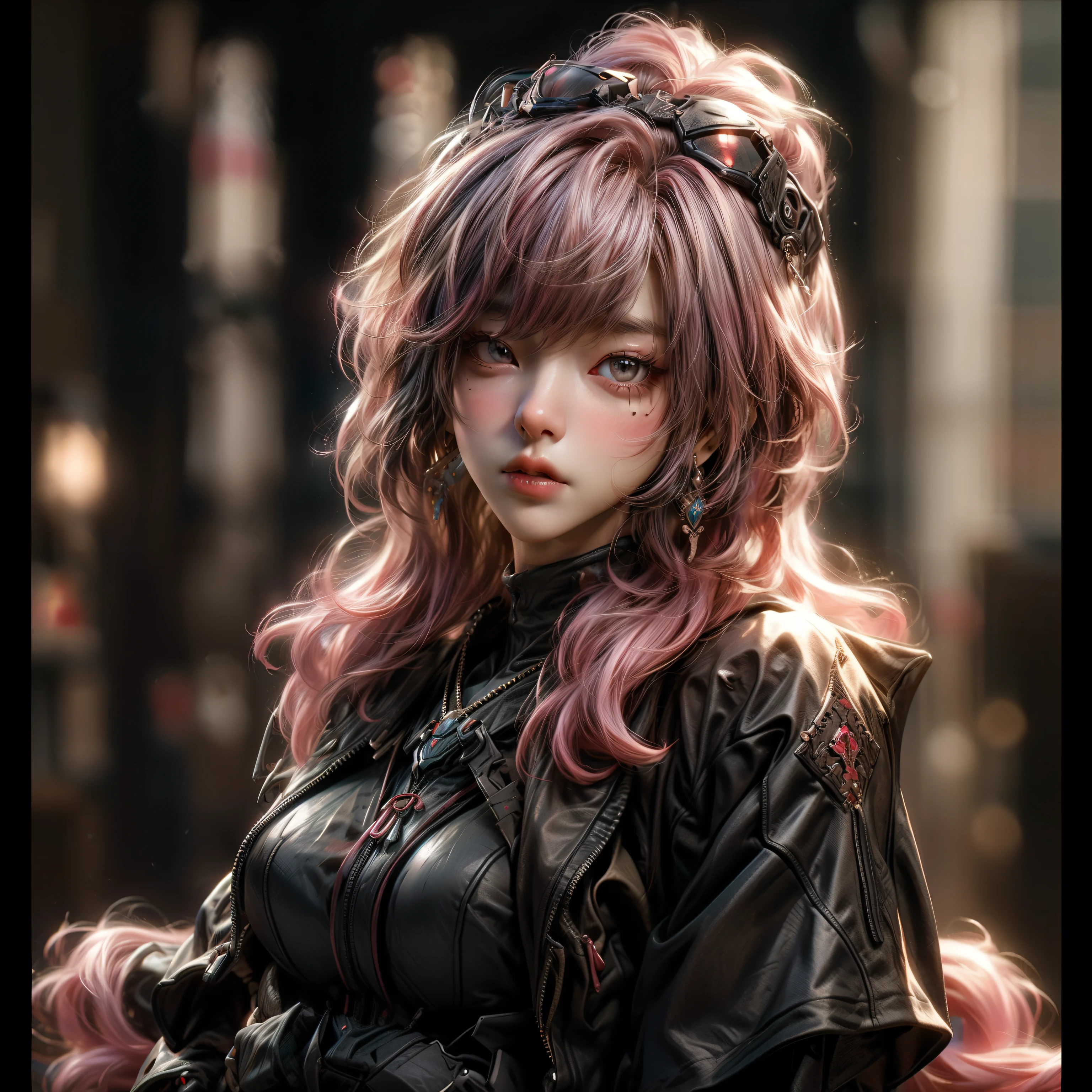 (best quality)), ((Masterpiece)), (details:1.4), 3d, HDR (high dynamic range), an image of a beautiful cyberpunk female, Hips up, cyberpunk, Pink hair, Curtain Bangs, beautiful Red eyes, จมูกโด่ง, ปากแดง, หน้าอกใหญ่, nvidia RTX, PBR surface, After processing, Anisotropic filtration,depth of field, Maximum clarity and clarity, multi-layered surface, Subsurface scattering, perfect proportions, 8K raw files, ultra detailed, Perfect proportions, volumetric lighting, soft lighting, Holy Paladin, Heavy Black Armor, glossy skin, Chapel background, jewely, ต่างหู, นิ้วมือสมบูรณ์,