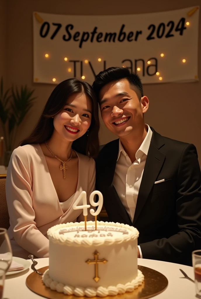a dinner celebration attended by an Indonesian lady and a gentleman. Both wearing upscale business attires. The gentleman's hair style is very short. The lady wearing a beautiful necklace with a cross in the end, both facing the camera. all smile. There is a birthday cake with candle number 49. In the cake there is writing of "Happy Birthday Diah".The gentleman is giving a birthday gift to the lady. Behind is a banner with a writing of 07 September 2024, photo realistic, UHD.