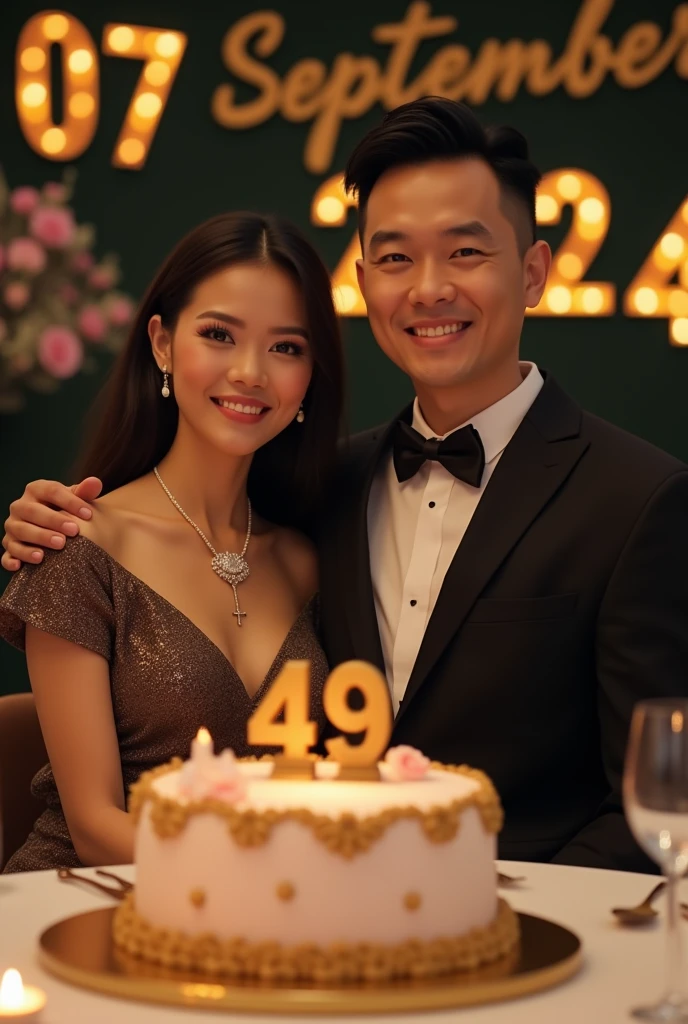 a dinner celebration attended by an Indonesian lady and a gentleman. Both wearing upscale business attires. The gentleman's hair style is very short. The lady wearing a beautiful necklace with a cross in the end, both facing the camera. all smile. There is a birthday cake with candle number 49. In the cake there is writing of "Happy Birthday Diah".The gentleman is giving a birthday gift to the lady. Behind is a banner with a writing of 07 September 2024, photo realistic, UHD.
