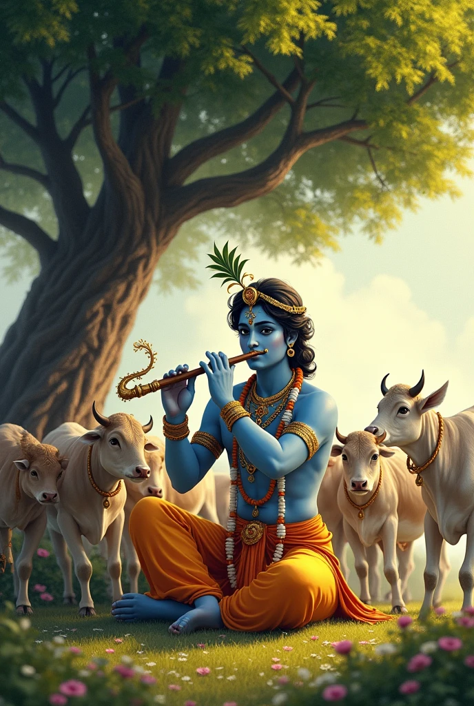 Krishna ji playing flute while sitting in the ground under the tree and 7 cows are grazing arround him.