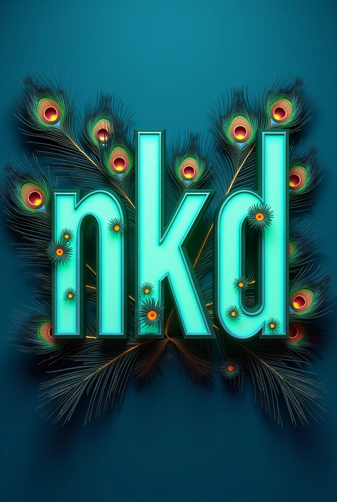 Create a realistic 3d image of "N K D" in style bold font,blue love background, Green neon capital letter, Peacock feathers on letters
