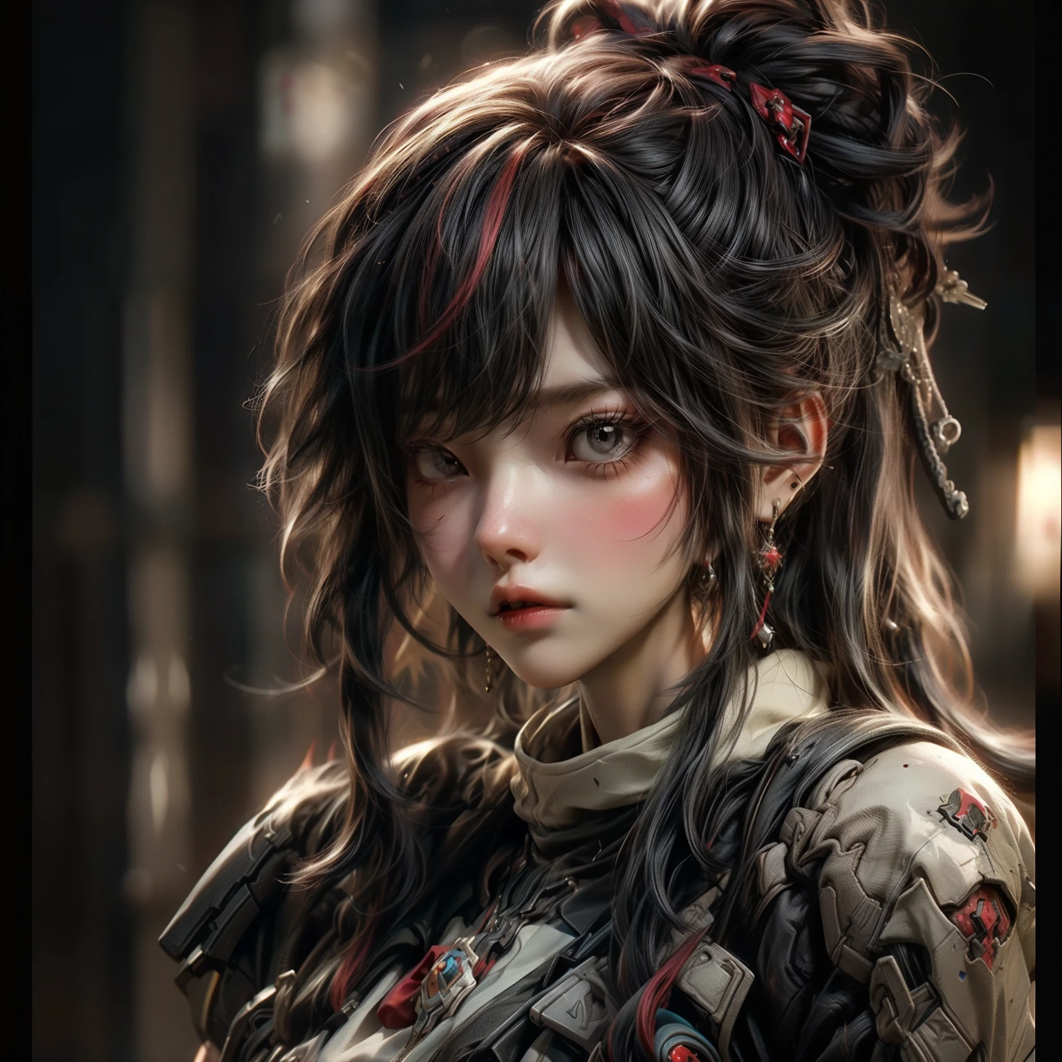 (best quality)), ((Masterpiece)), (details:1.4), 3d, HDR (high dynamic range), an image of a beautiful cyberpunk female, Hips up, cyberpunk, Red hair, Curtain Bangs, beautiful Red eyes, จมูกโด่ง, ปากแดง, หน้าอกใหญ่, nvidia RTX, PBR surface, After processing, Anisotropic filtration,depth of field, Maximum clarity and clarity, multi-layered surface, Subsurface scattering, perfect proportions, 8K raw files, ultra detailed, Perfect proportions, volumetric lighting, soft lighting, Holy Paladin, Heavy Black Armor, glossy skin, Chapel background, jewely, ต่างหู, นิ้วมือสมบูรณ์,