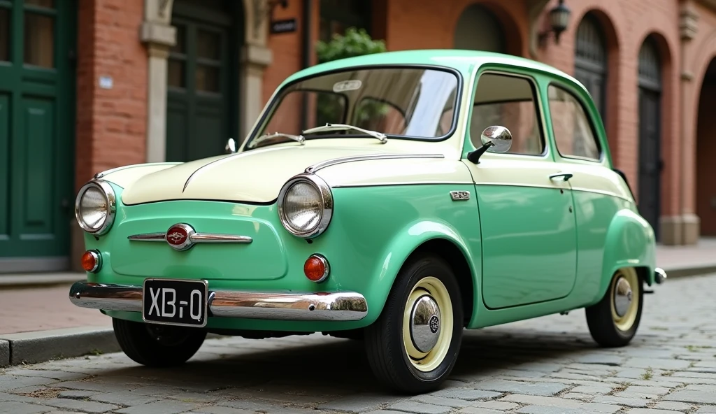 Certainly! Here’s a detailed prompt in English for the 2025 Subaru 360:
**Prompt:**
"Create an image of the 2025 Subaru 360, a modern reinterpretation of the classic 1958-1971 model. The car should have a retro-inspired design with rounded edges, compact dimensions, and a nostalgic feel, while incorporating sleek modern details such as LED headlights, alloy wheels, and a contemporary grille. The car is painted in a glossy two-tone finish, with vibrant colors reminiscent of the 1960s, like mint green and white. The background showcases a scenic urban setting with a hint of vintage charm, such as cobblestone streets or old brick buildings, highlighting the car's blend of past and present."